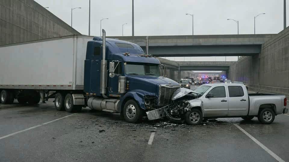 AI-generated illustration of a blue semi-truck and silver pickup after a collision on a city highway, with emergency vehicles in the distance
